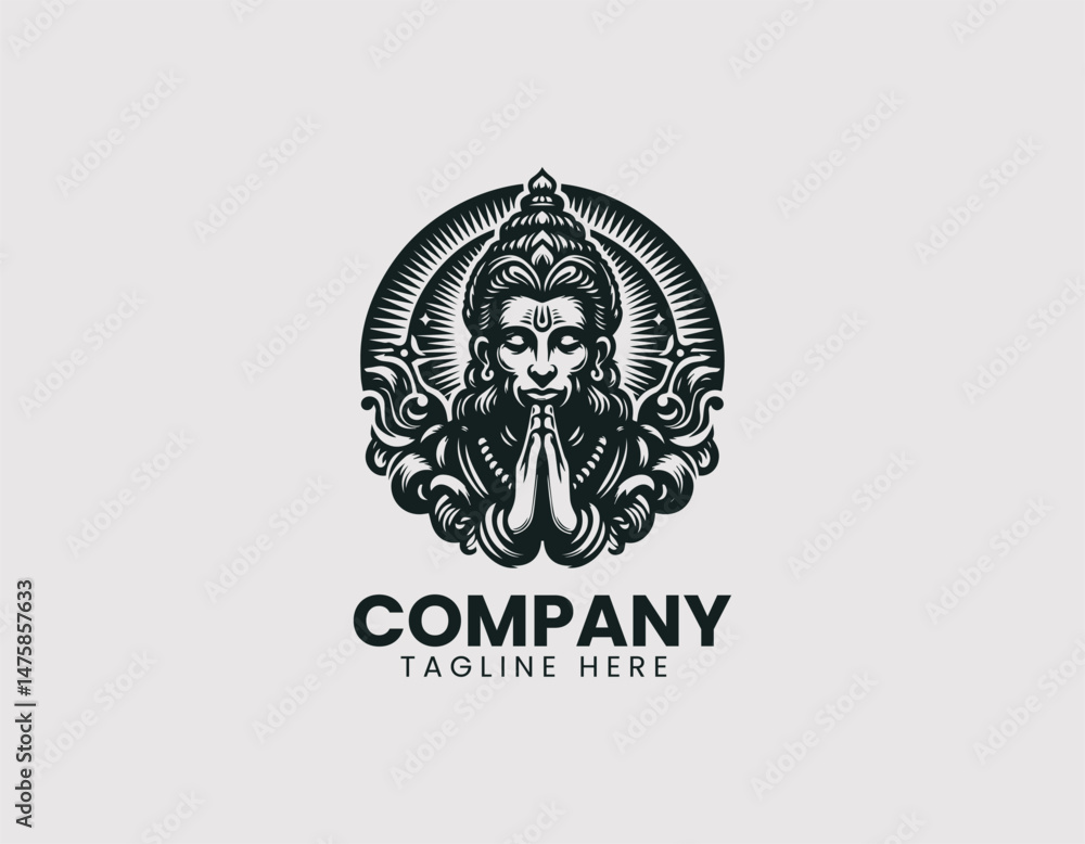 Fototapeta premium Hanuman Meditating Vector Logo Design, Lord Hanuman in Meditation Pose Vector Logo, Meditating Hindu God Hanuman Vector Logo