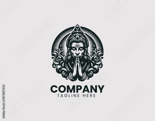 Hanuman Meditating Vector Logo Design, Lord Hanuman in Meditation Pose Vector Logo, Meditating Hindu God Hanuman Vector Logo