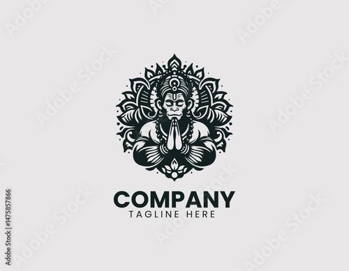 Hanuman Meditating Vector Logo Design, Lord Hanuman in Meditation Pose Vector Logo, Meditating Hindu God Hanuman Vector Logo