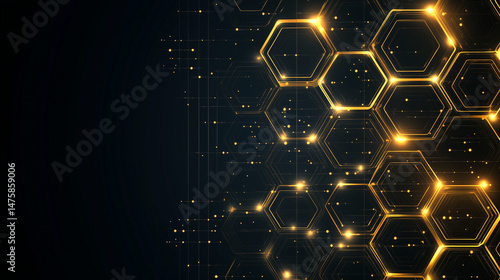 Dark honeycomb structure illuminated with golden lights abstract background, perfect for tech security and futuristic branding