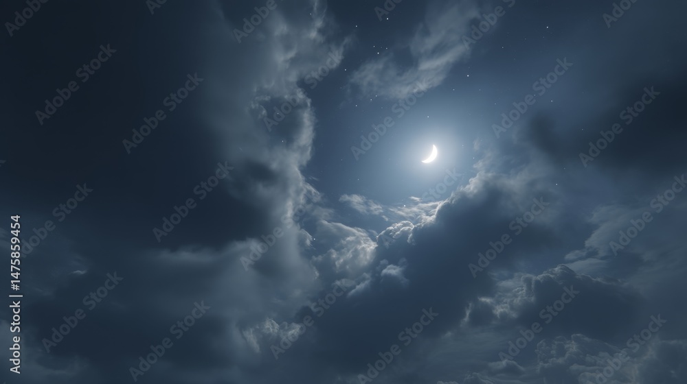Obraz premium Serene Night Sky with Moon and Clouds Illuminating the Darkness