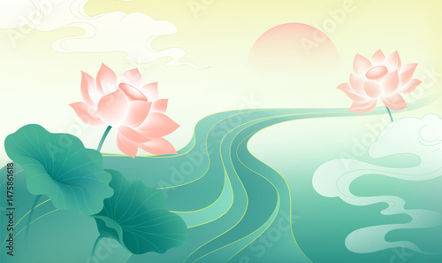 Chinese style horizontal illustrations of auspicious clouds and lotus flowers