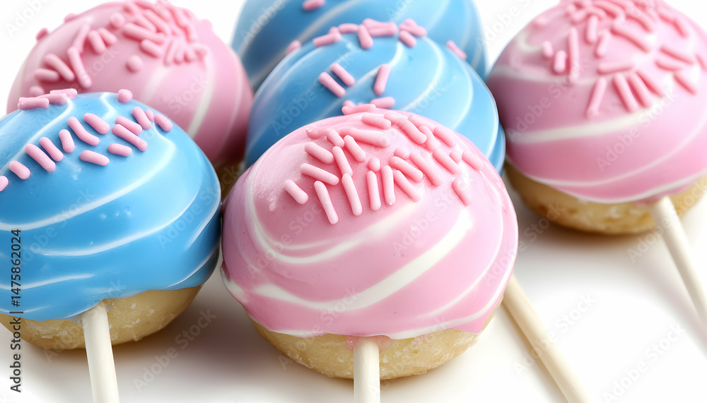 Obraz premium Delicious pink and blue cake pops, perfect for celebrations, gender reveals, or sweet treats.