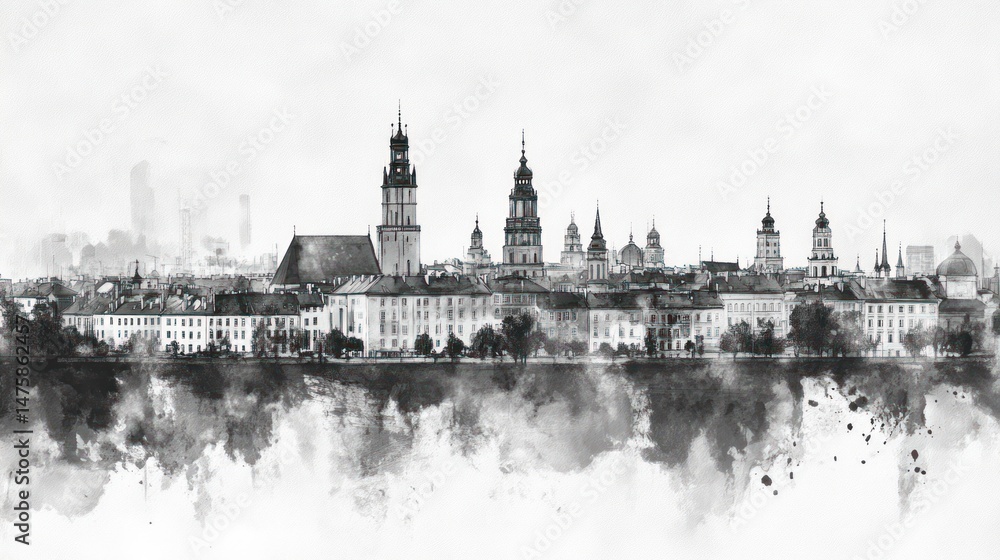 Fototapeta premium Monochromatic Panorama of Lublin's Old Town: A Watercolor Cityscape