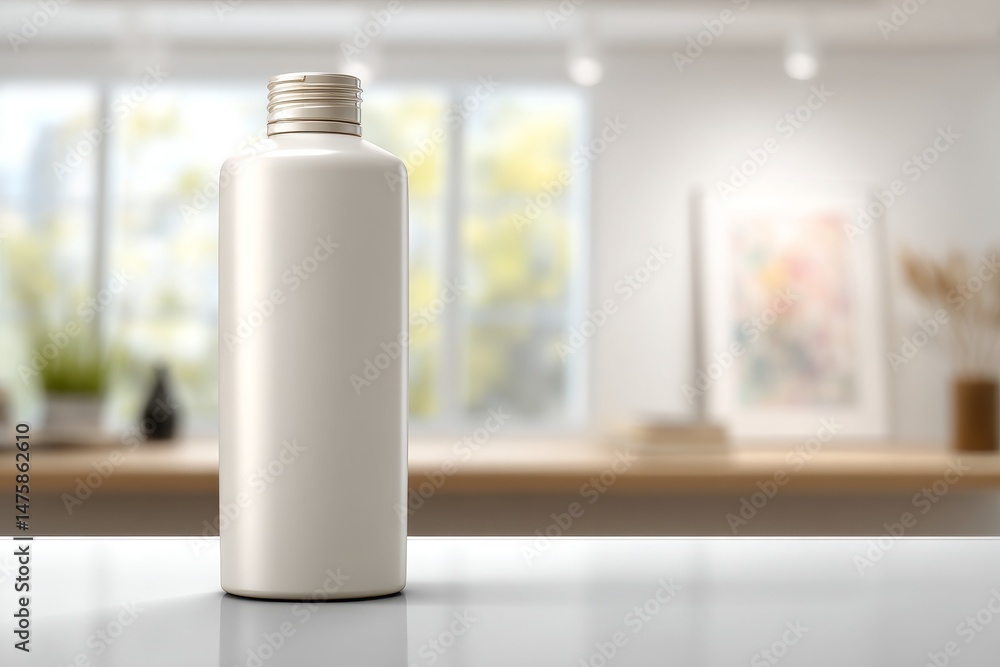 Empty cosmetic bottle on a light surface in a blurred interior setting. Empty cosmetic bottle on a light surface in a blurred interior setting.