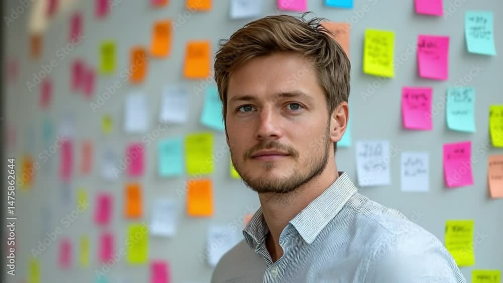 Focused Professional with Sticky Notes: A thoughtful man, a young entrepreneur or professional, stands against a wall plastered with colorful sticky notes. Focused Professional with Sticky Notes: A thoughtful man, a young entrepreneur or professional, stands against a wall plastered with colorful sticky notes.