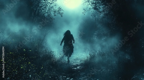 Silhouette of a figure running through a misty forest at night