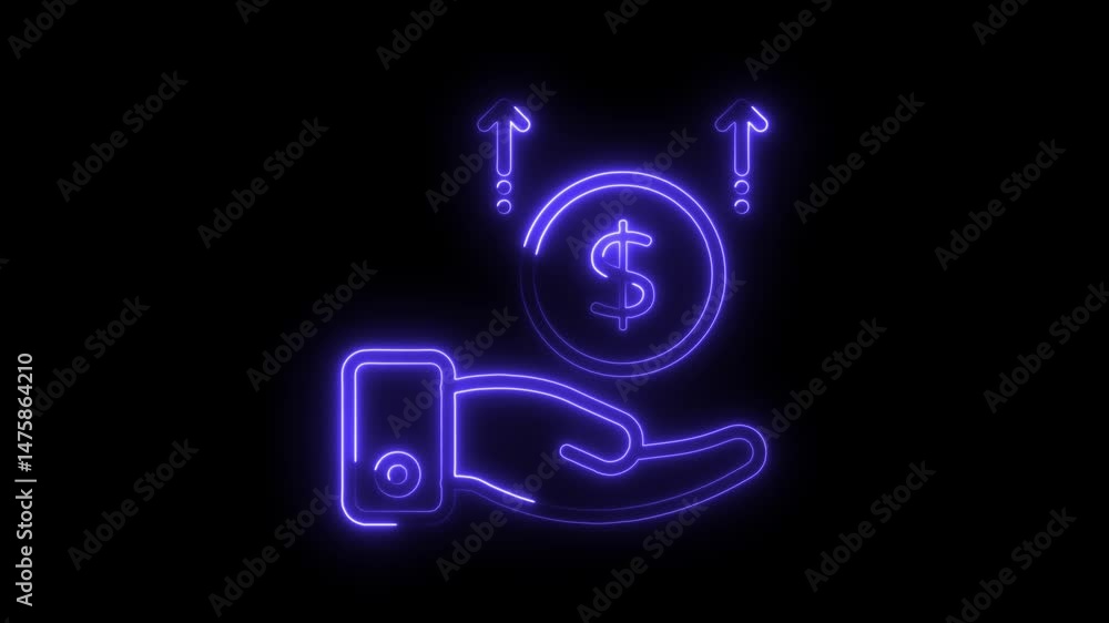 Neon style animation of hand holding money with dollar sign and upward arrows symbolizing financial growth Neon style animation of hand holding money with dollar sign and upward arrows symbolizing financial growth