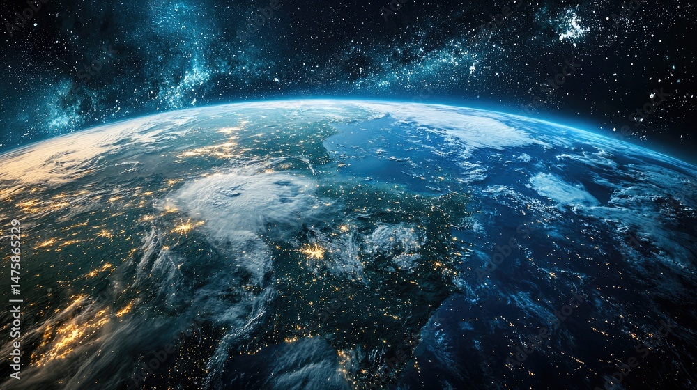 High-angle view of Earth from space, starry backdrop. High-angle view of Earth from space, starry backdrop.