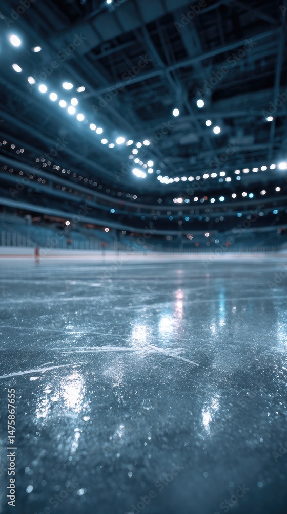 Fototapeta premium Empty ice rink with a smooth surface, viewed from the stands, under soft lighting. A serene and minimalist sports moment.