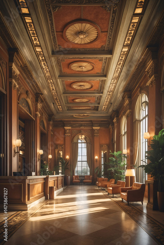 Wallpaper Mural classic hotel lobby with marble pillars ornate ceiling royal design chandelier lighting professional receptionist gold accents luxury interior welcoming charm interior design photo Torontodigital.ca