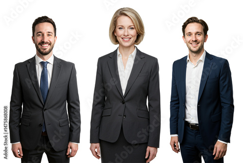 Three smiling young adult business professionals, two men and one woman, posing in formal attire against a black studio background.