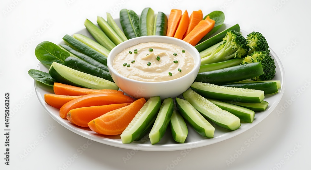 Vegetable Sticks with Dip on Plate for Healthy Snacking Vegetable Sticks with Dip on Plate for Healthy Snacking