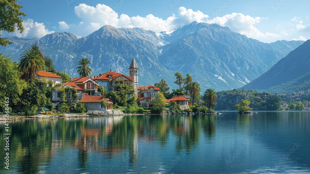 Naklejka premium Scenic view of a town by a lake, with mountains in the background, under a sunny sky