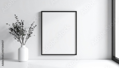 Vase with a plant in it next to a picture frame greeting card