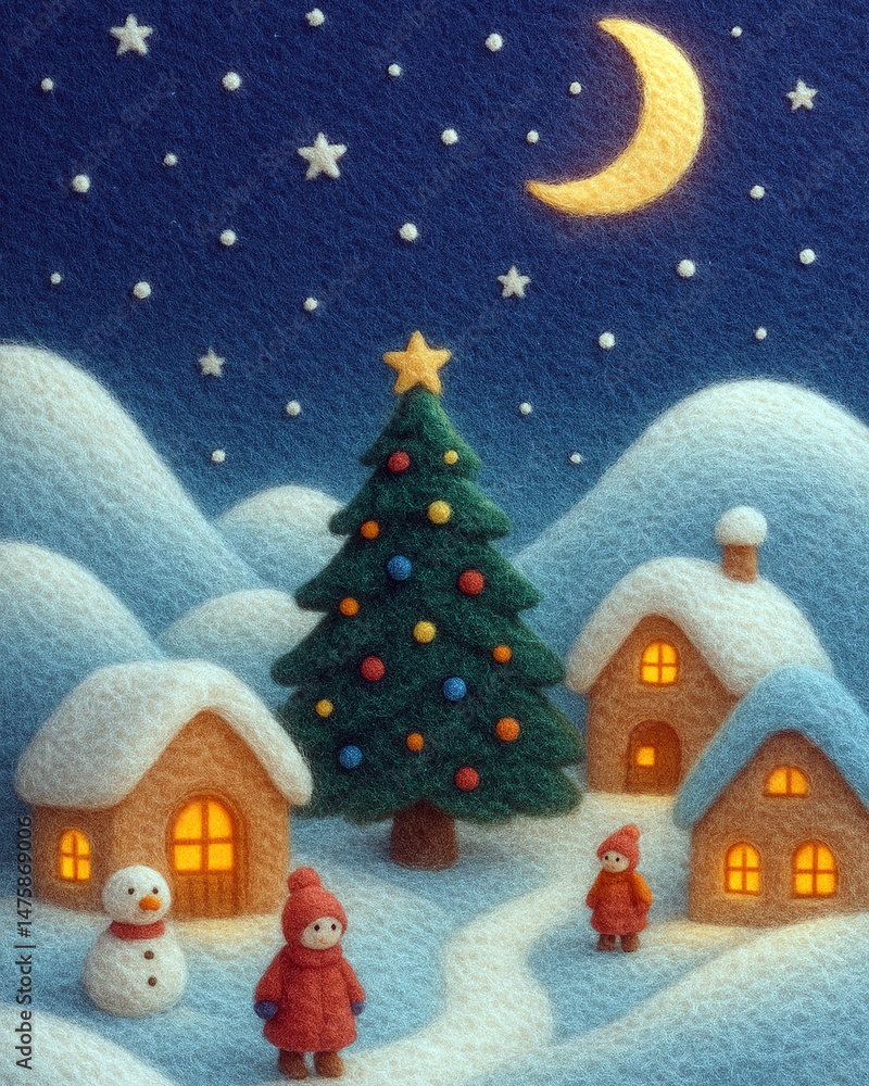 Fototapeta premium Christmas Night in a Snowy Village card with felt texture