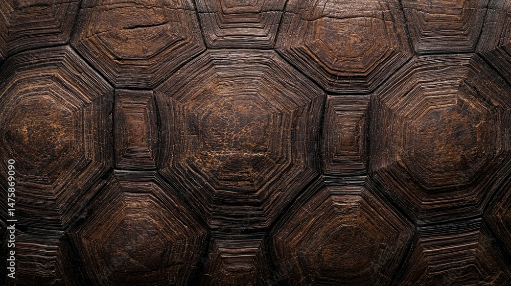 Obraz premium Close-up view of a tortoise shell showing detailed, textured, brown hexagonal patterns.