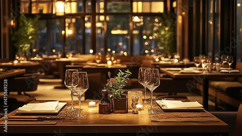 Elegant dining setup in a cozy restaurant with ambient lighting and decorative elements