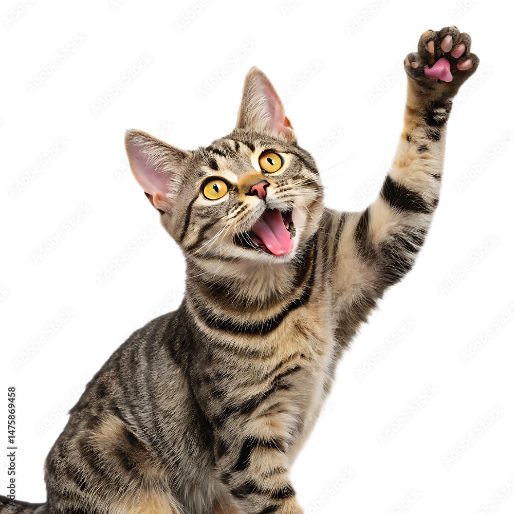 Fototapeta premium A tabby cat raising its paw with its mouth open and tongue out on a isolated on transparent background, Generative ai.