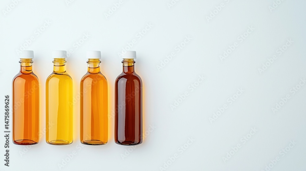 Four glass bottles with white caps, filled with different shades of amber liquid, arranged in a row on a white background. Four glass bottles with white caps, filled with different shades of amber liquid, arranged in a row on a white background.