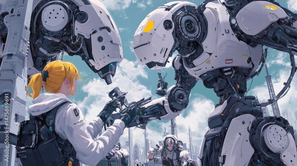 Fototapeta premium Cyberpunk Cityscape: Humanoid Robot Interaction