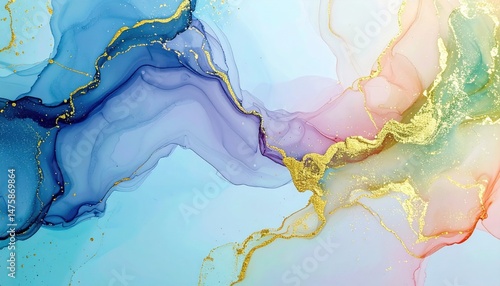 Painting of a colorful liquid painting with gold paint