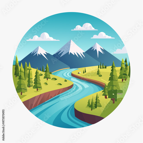 Green grass and trees paint a summer scene in this vector illustration of a mountain landscape under a blue sky with clouds