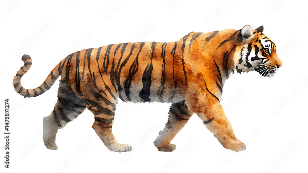 Obraz premium Majestic Orange and Black Tiger Walking Gracefully Through a Lush Green Landscape