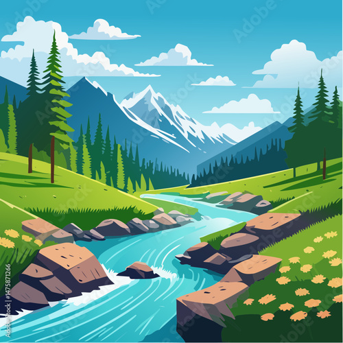 Mountain River Vista: An eye-level perspective unveils a flowing river winding its way through a verdant valley, embraced by towering mountains and a serene sky.