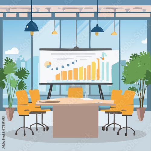 Boardroom Brilliance: This image reveals the interior of a modern, light-filled meeting space with a large display showing business graphs and charts, and well-arranged seats.
