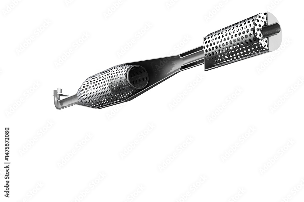 Obraz premium Cross-Section of a Motorcycle Silencer Showing Noise Reduction Components, Detailed Structure of a Motorcycle Exhaust System Interior, motorbike, bike, Internal View on a PNG Transparent Background