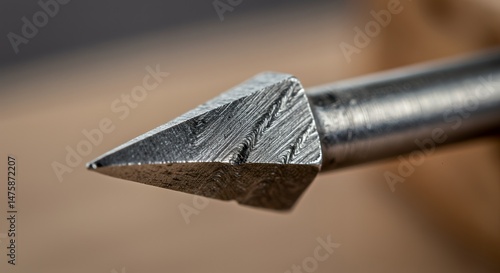 Close-up of a precisely crafted metal point, showcasing intricate details and textures. The image highlights the tool's sharpness and the craftsmanship involved in its creation.