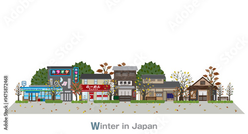 Illustration of a Japanese townscape. Winter in Japan.