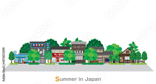 Illustration of a Japanese townscape. Summer in Japan.