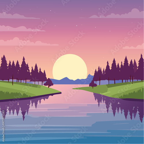 Sunrise Serenity: A picturesque landscape of a tranquil lake mirroring the vibrant colors of a sunrise sky, framed by lush trees and distant mountains.