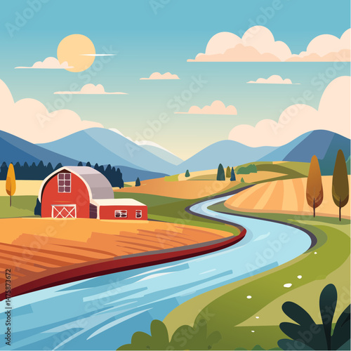 Serene Farmscape: A picturesque countryside scene unfolds with a charming red barn nestled alongside a winding river and expansive fields. A beautiful illustration.
