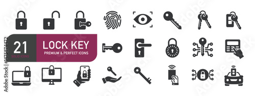Set of glyph solid icons lock, key, security, protection. Glyph solid icons collection. Vector illustration