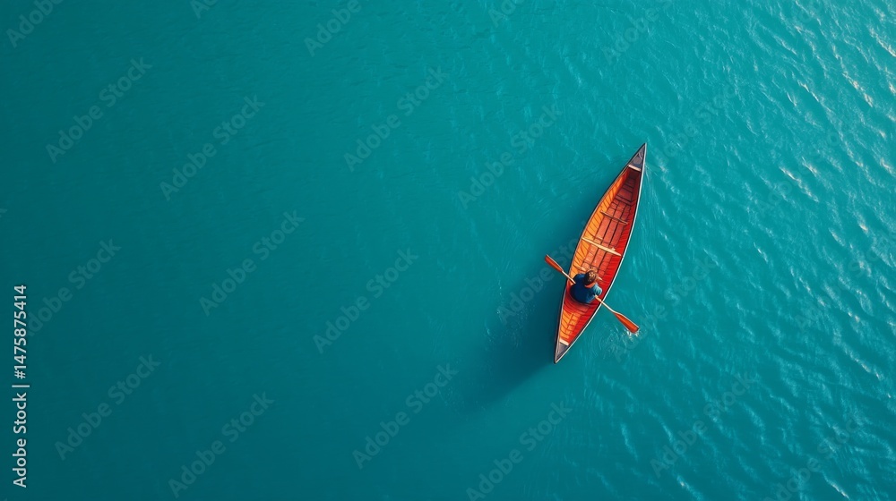 Fototapeta premium Serene Aerial View of a Single Canoe Gliding on Clear Turquoise Water Under Bright Sunny Sky