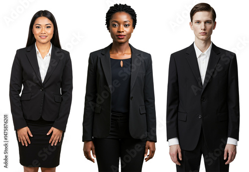 Studio portrait of three diverse young adult professionals, including an Asian woman, a Black woman, and a White man, dressed in formal black business suits against a transparent background.
