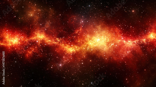 A red and orange galaxy with many stars. The stars are scattered throughout the galaxy, with some closer together and others further apart. The galaxy appears to be in motion