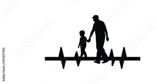 Father and Child Walking on Heartbeat Line Silhouette.

