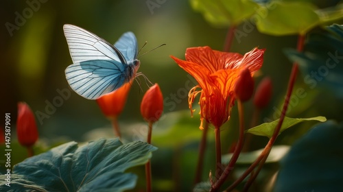 Delicate Blue Butterfly Approaching Bright Red Flower During Warm Golden Hour in Lush Green Garden Setting
