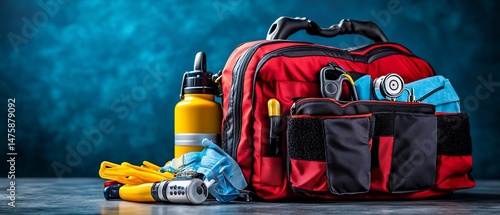 Red emergency bag with supplies