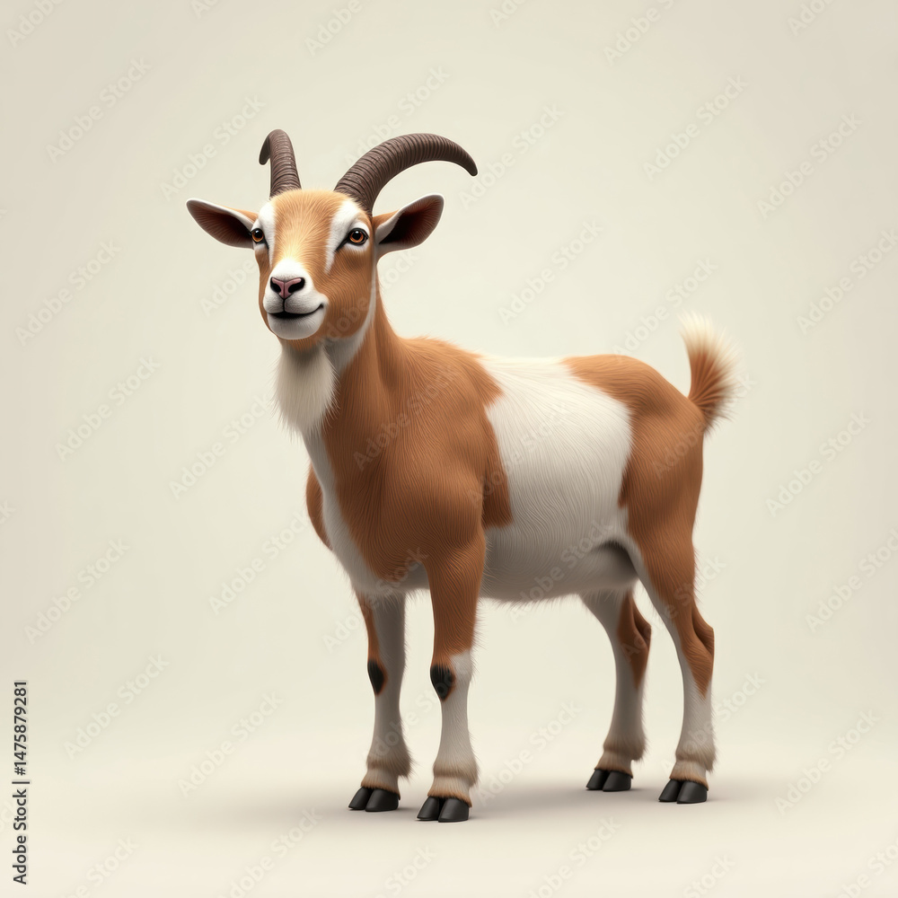 Fototapeta premium 3D Rendering of a Cute Brown and White Cartoon Goat 