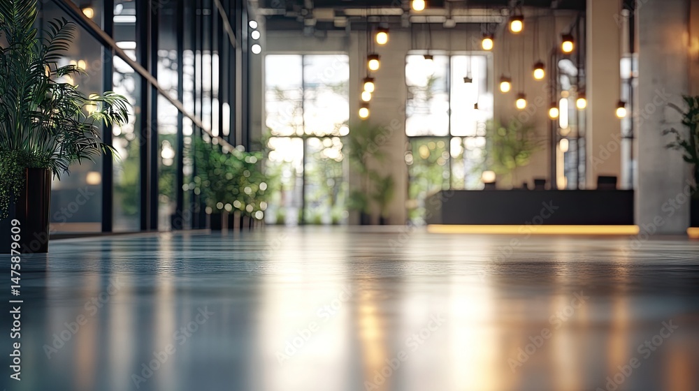 Lobby interior with potted plants, glossy floor, reception desk, and warm lighting Lobby interior with potted plants, glossy floor, reception desk, and warm lighting