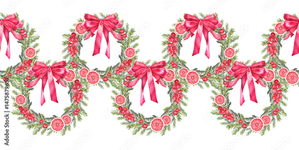 Obraz premium Watercolor seamless border with green Christmas tree fir wreath with red bow and berry grapefruit on white background. Circle frame border. Hand-drawn rim with for New Year wallpaper or wrapping
