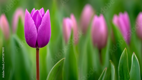 Beautiful Vibrant Purple Tulip Surrounded by Soft Pink Tulips in a Lush Green Garden Setting
