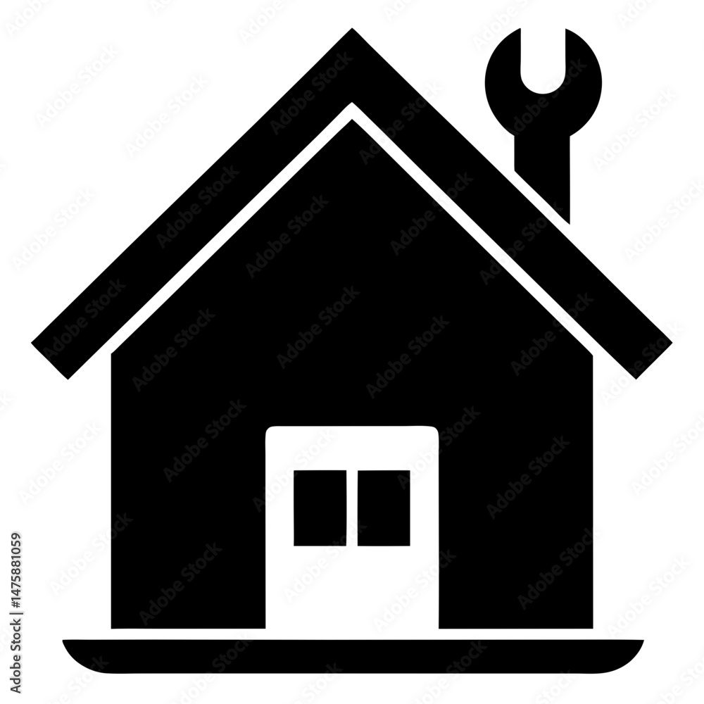 Minimal House with Wrench Tool Silhouette Vector on Transparent Background Minimal House with Wrench Tool Silhouette Vector on Transparent Background