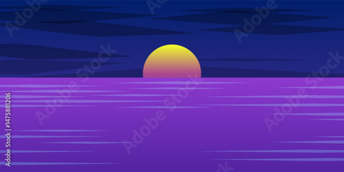 Sunset or sunrise in ocean, nature landscape background, pink clouds flying in sky to shining sun above sea with rocks sticking up of water surface.