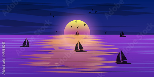 Sunset or sunrise in ocean, nature landscape background, pink clouds flying in sky to shining sun above sea with rocks sticking up of water surface.